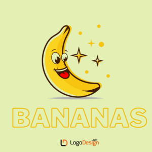 A cheerful cartoon banana with eyes and a wide smile, surrounded by sparkling stars on a light green background.